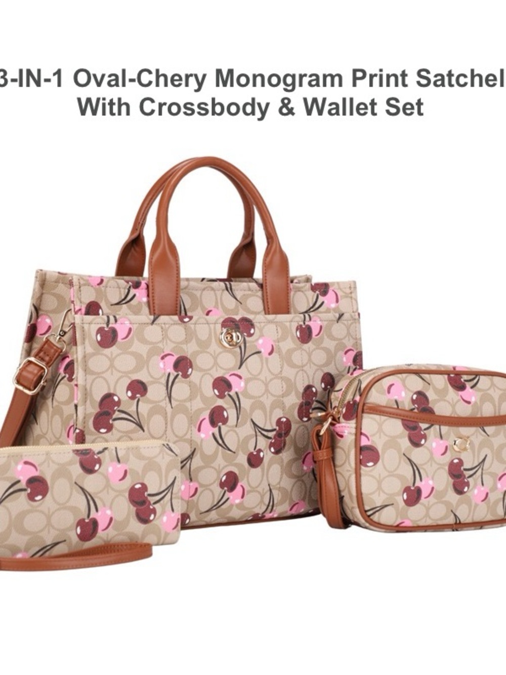 Beige Cherry Print Satchel Set with Pink & Brown Accents